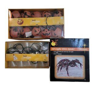 3 Sets of Lighted Halloween Decoratons - Ghost Pumpkin String Lights & Spider
